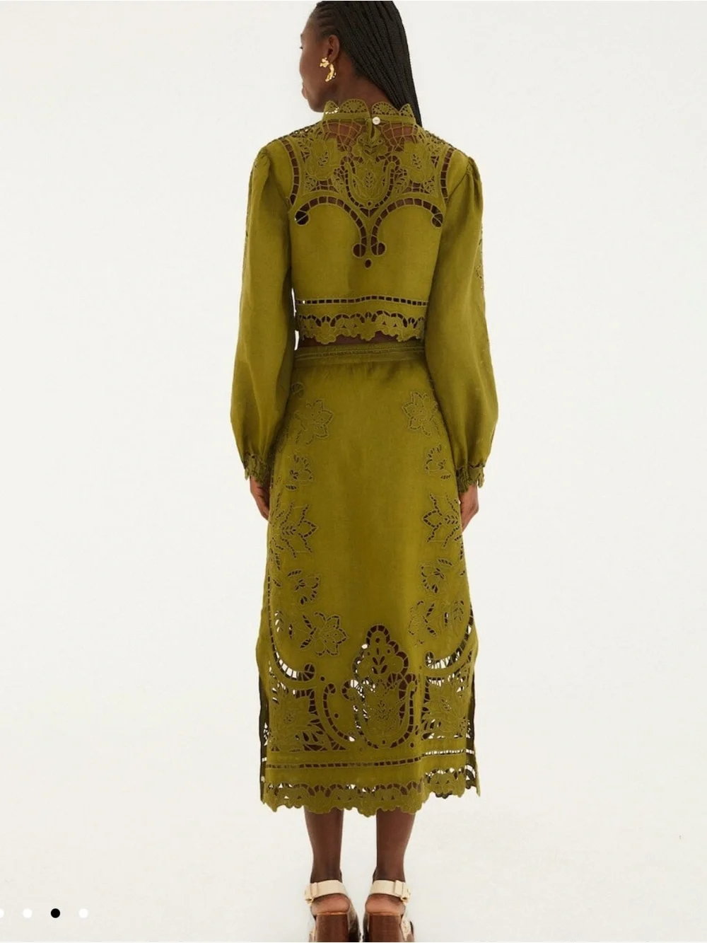 FARM Rio 100% Linen Olive Green Cutwork Midi Skirt - Picture 7 of 10